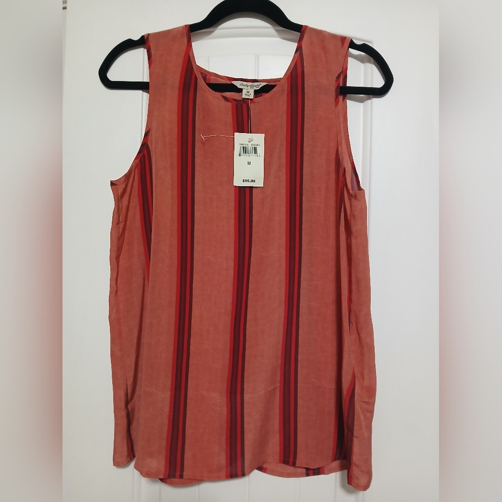 Lucky Brand Silk Top~ different hues of red elegantly striped. Size Medium